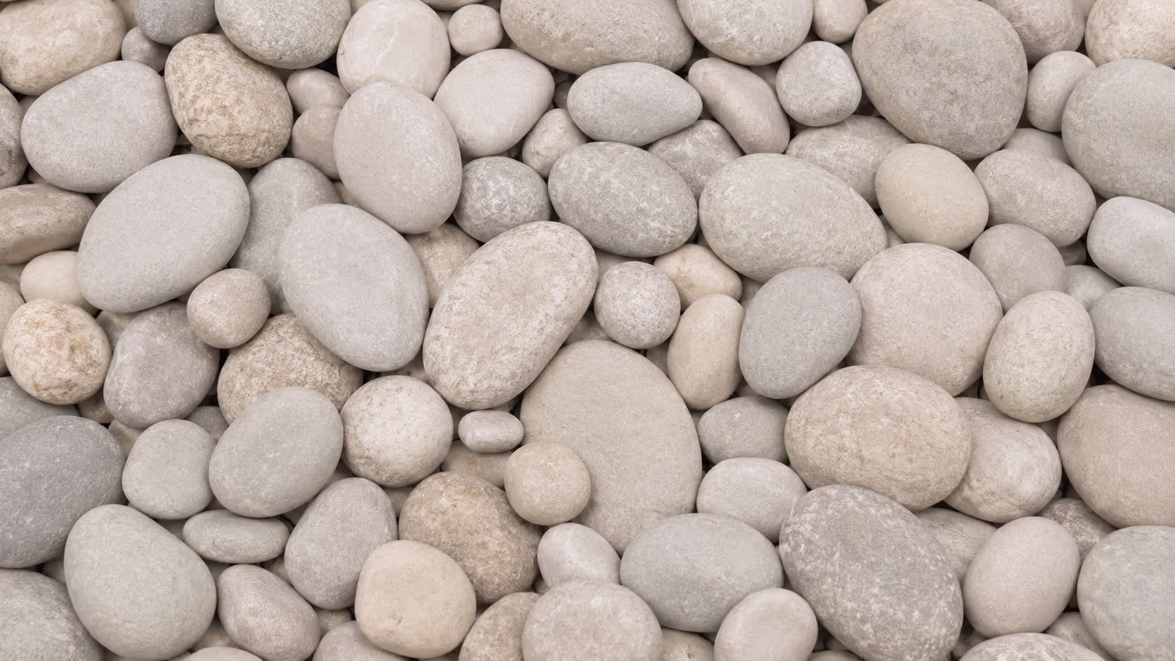 Close overhead composition of smooth river stones in muted earth tones, each subtly different from the next, photographed in soft natural light.