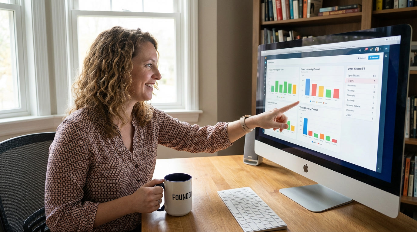 Customer support agency - Small business founder reviewing customer support dashboard showing email response metrics and support ticket queue management