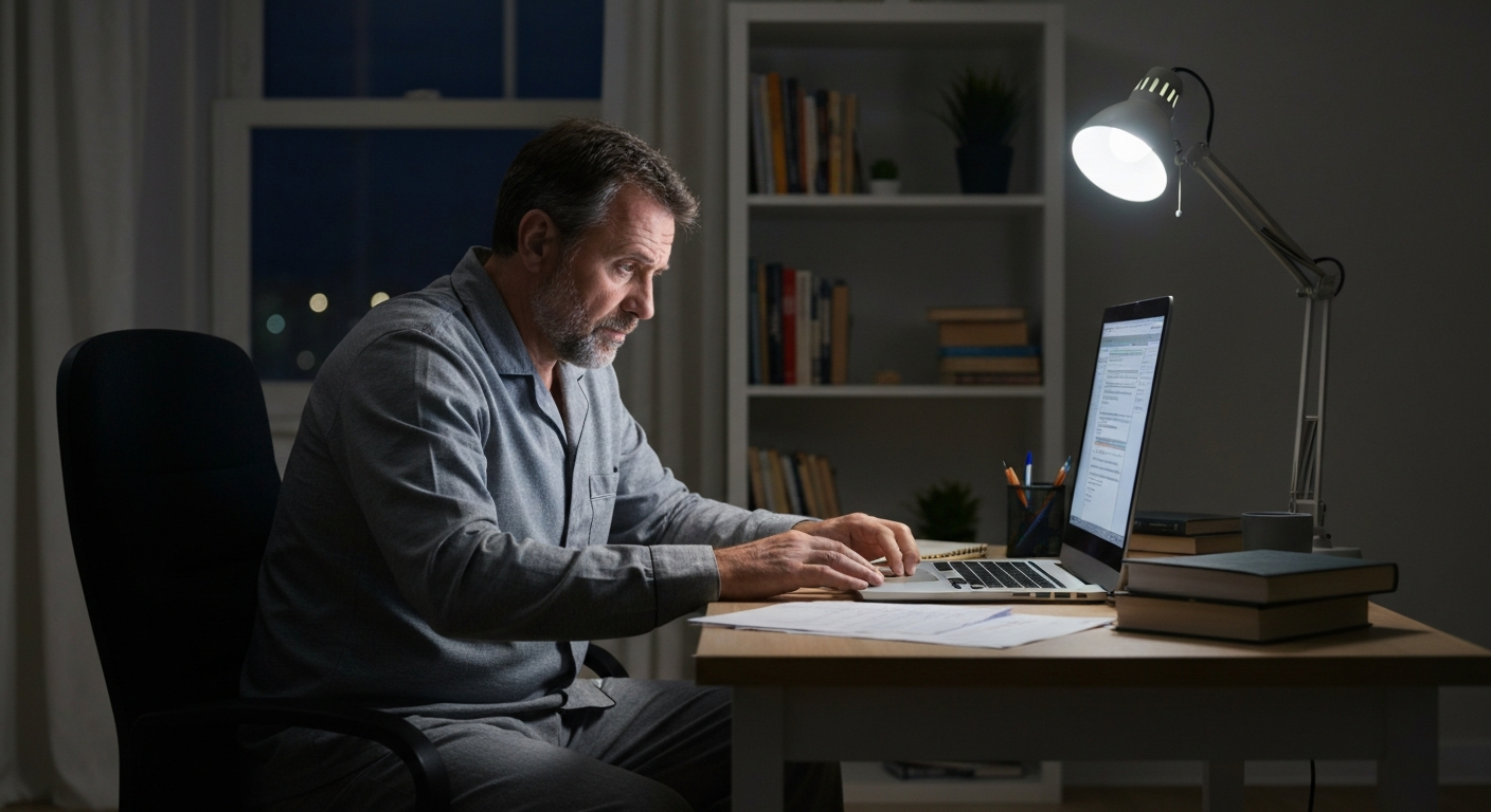Businessman replying to emails late at night, looking tired, realizing he needs to outsource customer support service.