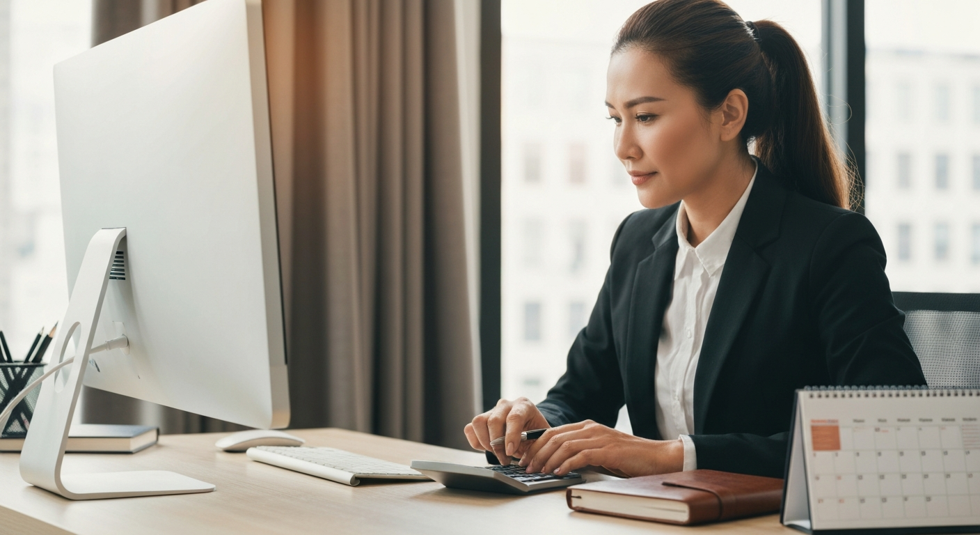Businesswoman calculating salary of her freelance employee at her desk, considering to outsource customer support.