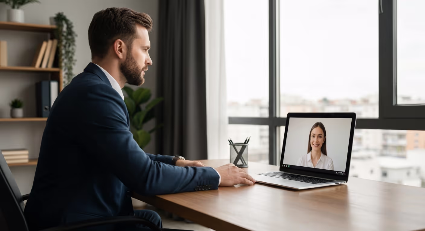 Businessman doing an online interview of his prospective outsource customer support candidate.