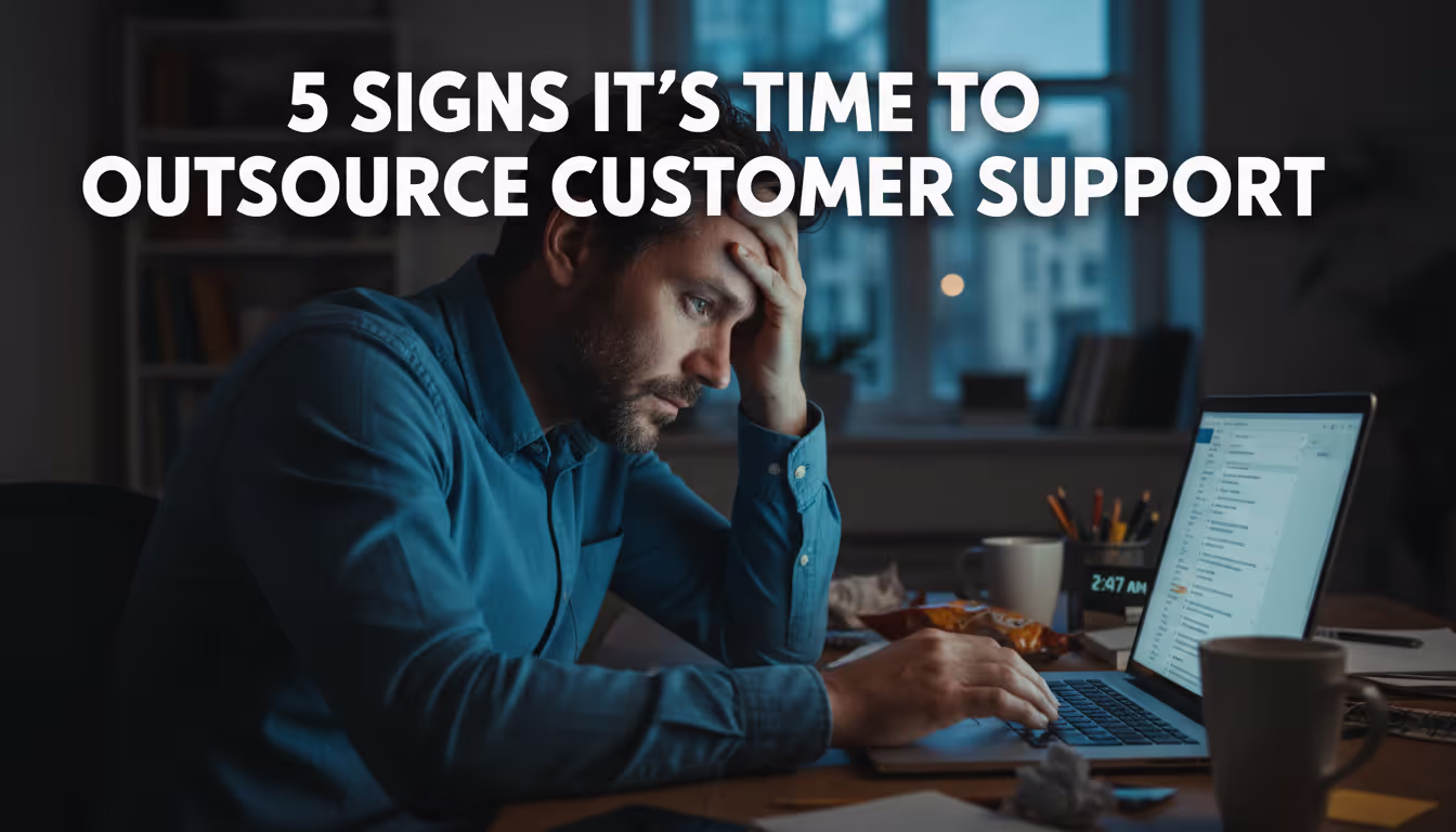 Overwhelmed founder handling customer support emails late at night on a laptop decides to outsource customer support