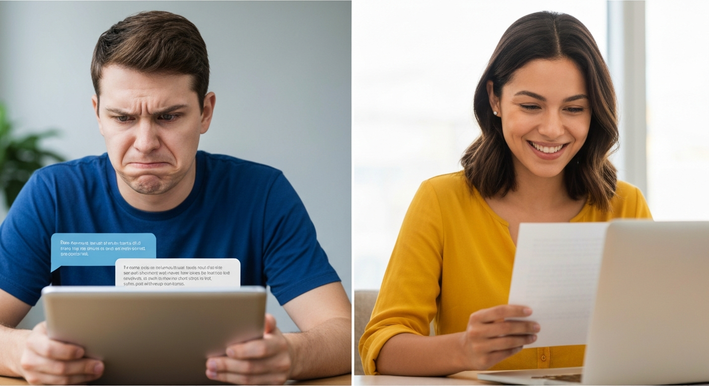 human customer support vs chatbot comparison Small business owner reading empathetic customer support email from real human agent on laptop screen