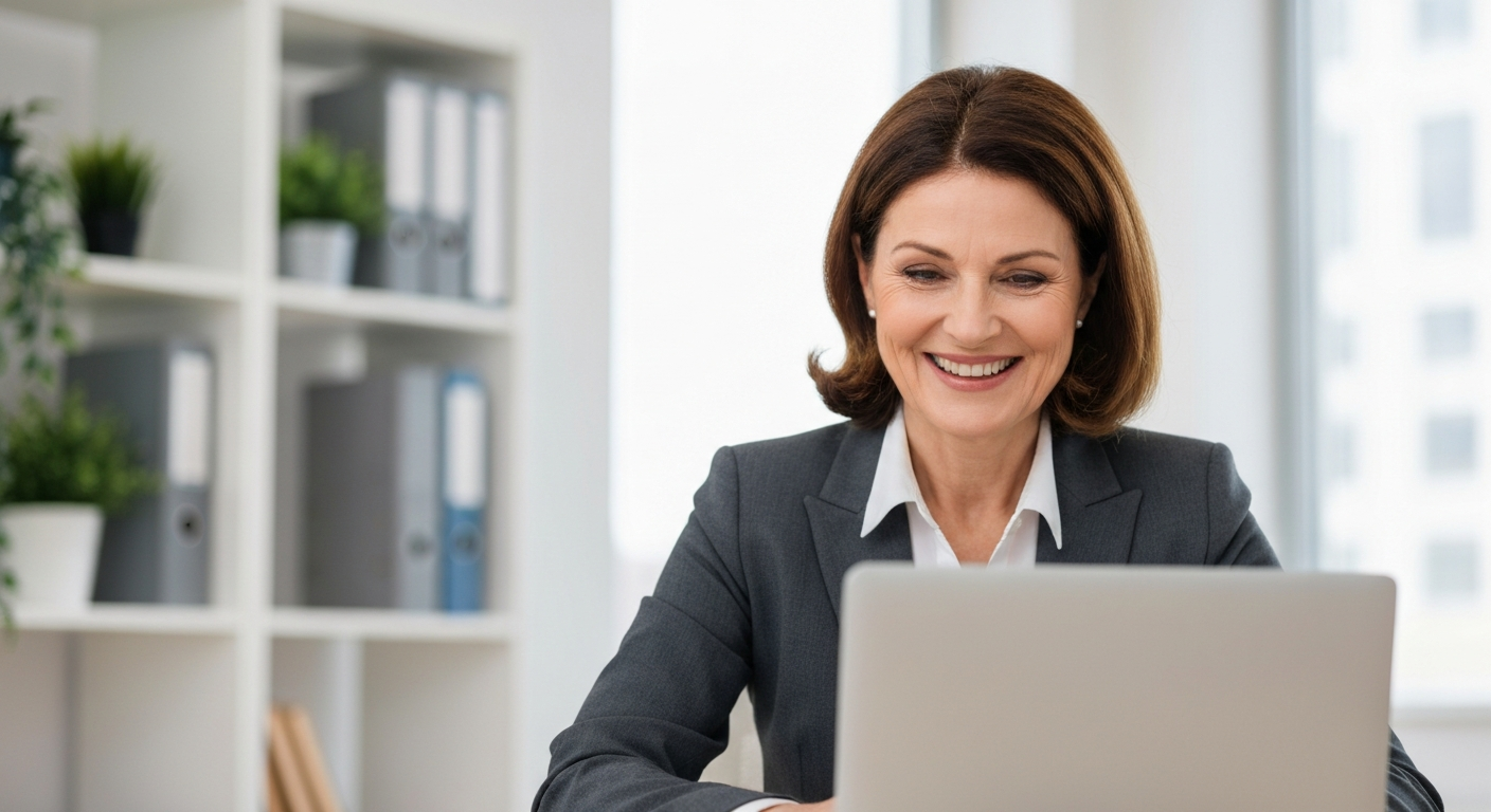 Businesswoman Happy with Human Customer Support and Automation Businesswoman looking happy and satisfied while using laptop, experiencing efficient human customer support and automation.