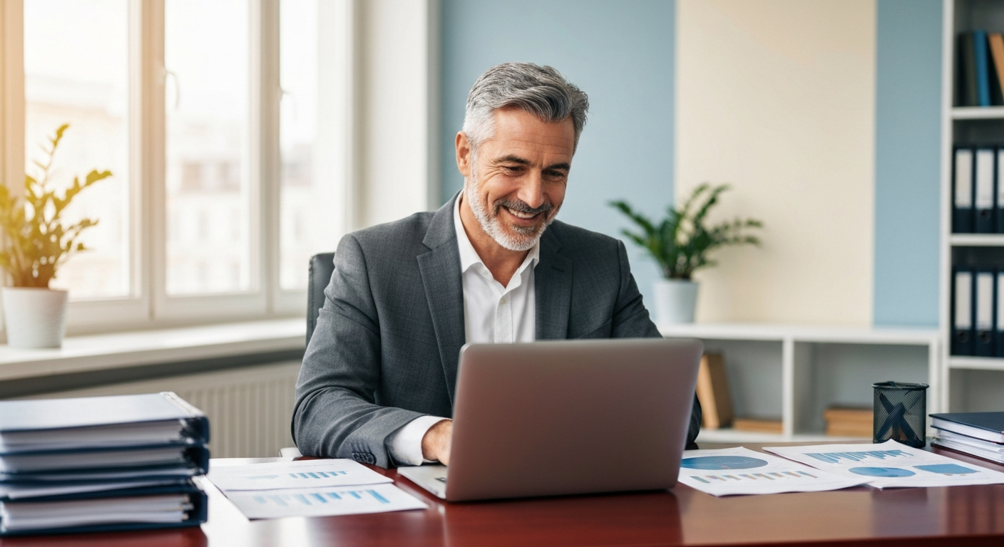 Happy Businessman Experiencing Human Customer Support at Evergreen Support Businessman looking happy while reviewing business reports on laptop, receiving excellent human customer support in Evergreen Support office.