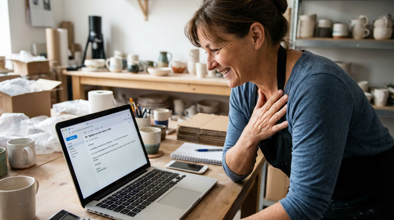 Small business owner reading empathetic customer support email from real human agent on laptop screen