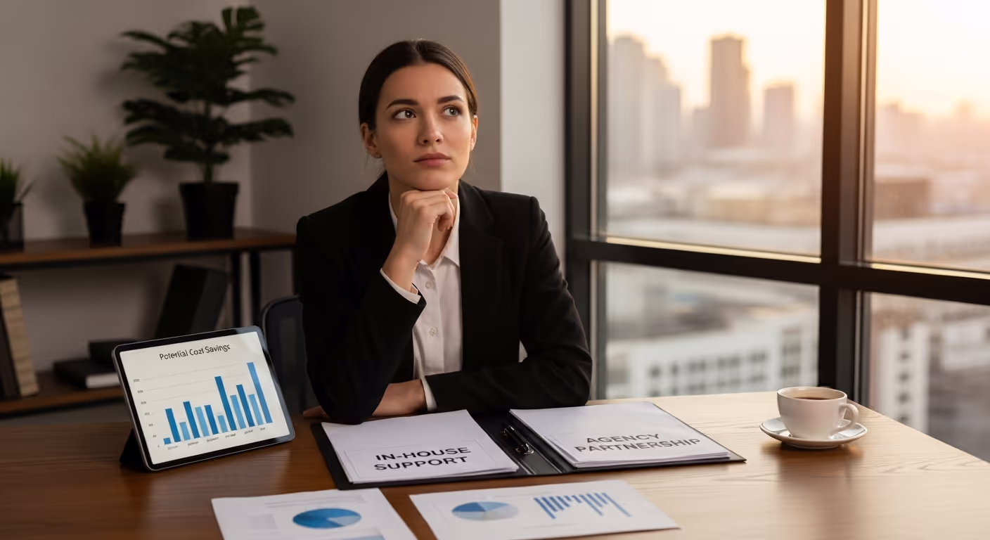 Business owner pondering a decision she has to make about whether to hire a customer support agency.