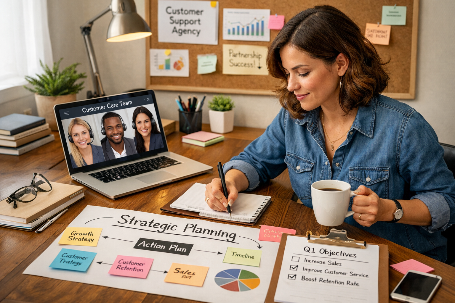 Founder Reclaiming Time After Outsourcing Support Small business founder working on strategic planning after hiring customer care agency