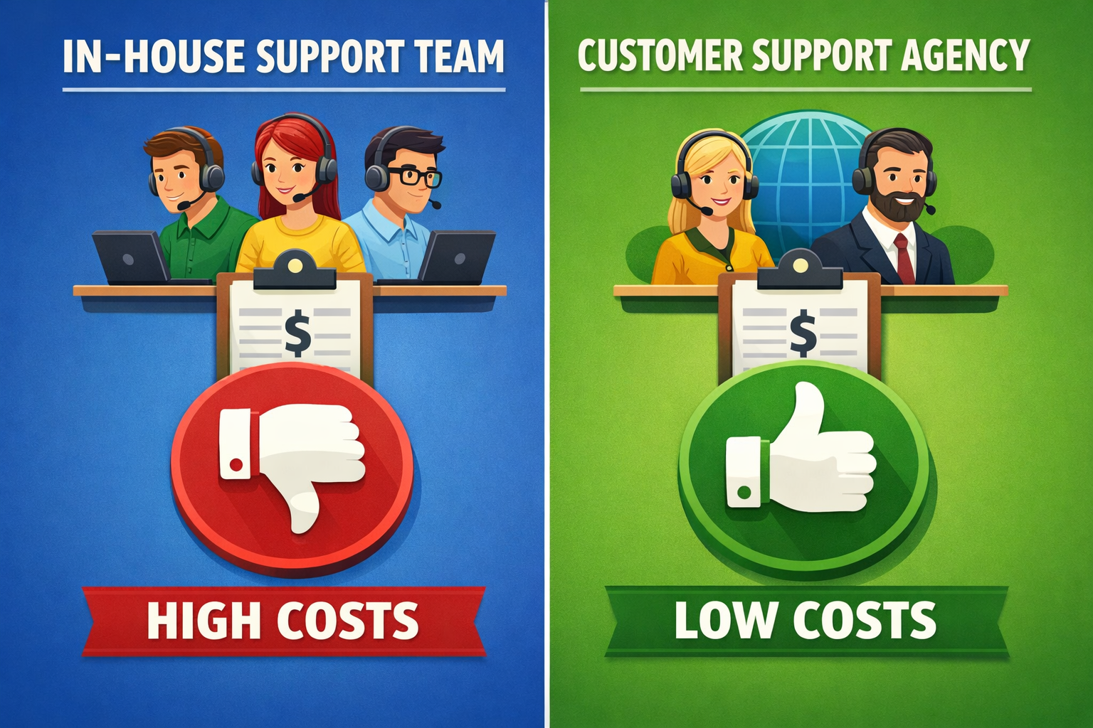 Cost Breakdown: In-House Support Team vs Customer Support Agency Detailed cost comparison chart showing customer support agency saves 30-60% versus in-house support team expenses