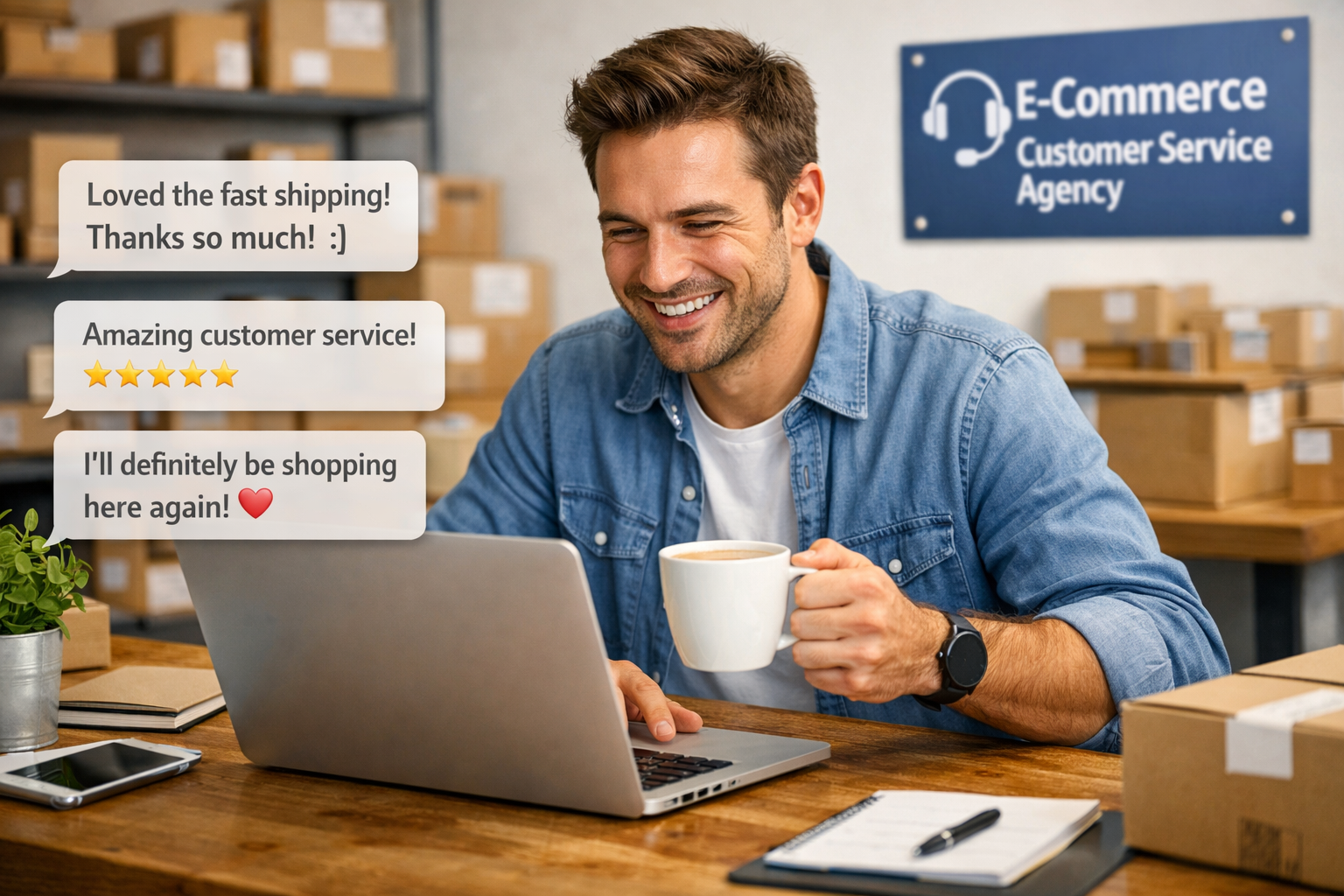 E-Commerce Founder Reviewing Positive Customer Emails with Customer Service Agency Support Smiling e-commerce founder reviewing positive customer emails on laptop with coffee, representing elevated customer service from e-commerce customer service agency