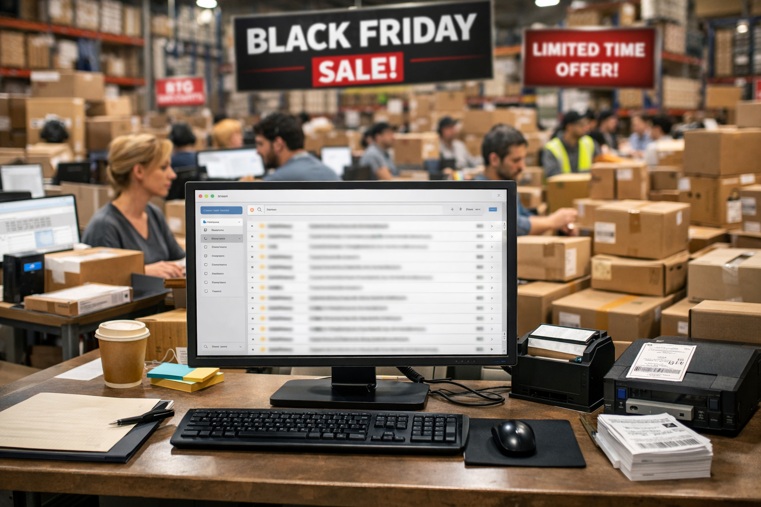 E-Commerce Store Managing Black Friday Inbox Surge with Customer Service Agency Busy e-commerce warehouse with computer showing inbox during Black Friday, supported by e-commerce customer service agency for surge coverage