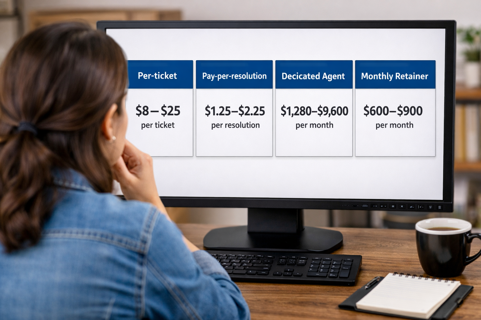 Customer Support Outsourcing Pricing Models Comparison Chart Side-by-side comparison of customer support outsourcing pricing models showing per-ticket, per-resolution, dedicated agent, and retainer options