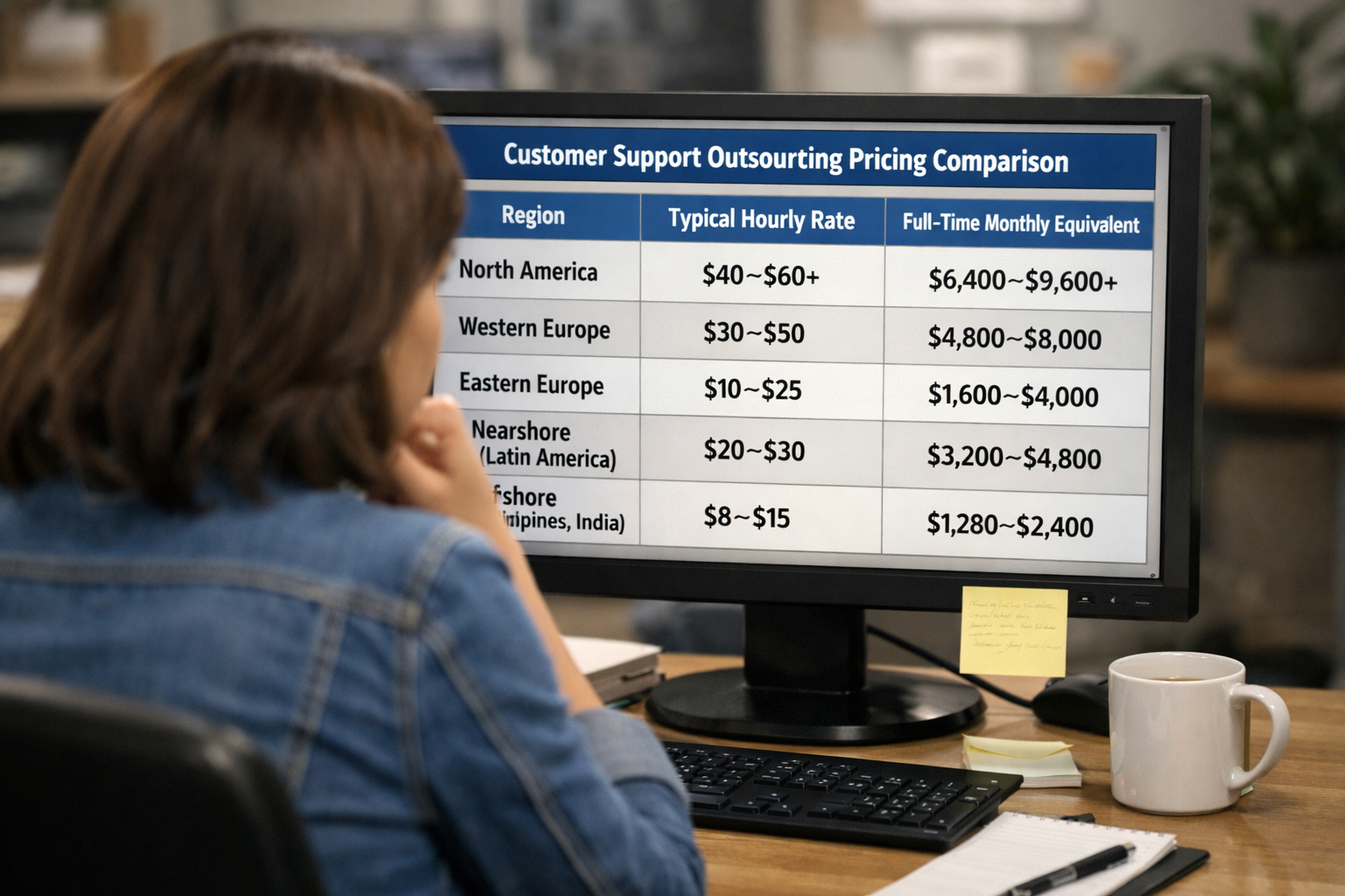 Regional Customer Support Outsourcing Pricing by Location Table showing customer support outsourcing pricing differences across North America, Europe, Latin America, Philippines, and India