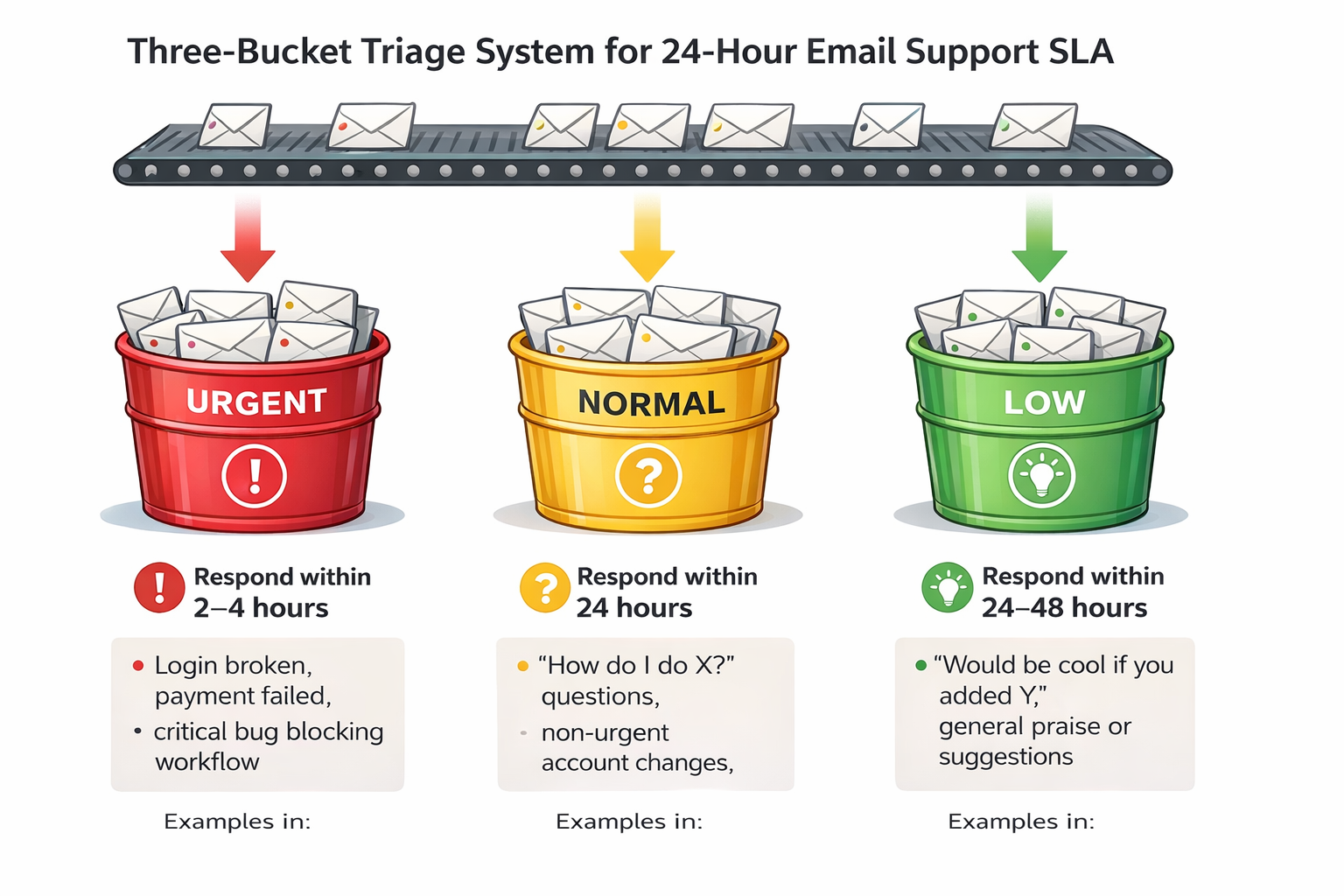 Three-Bucket Triage System for 24-Hour Email Support SLA Management Visual diagram of three-bucket triage system showing urgent, normal, and low priority tickets for 24-hour email support SLA