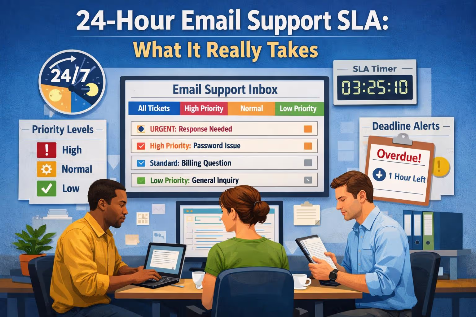 Support team managing 24-hour email support SLA with organized inbox and priority ticket system