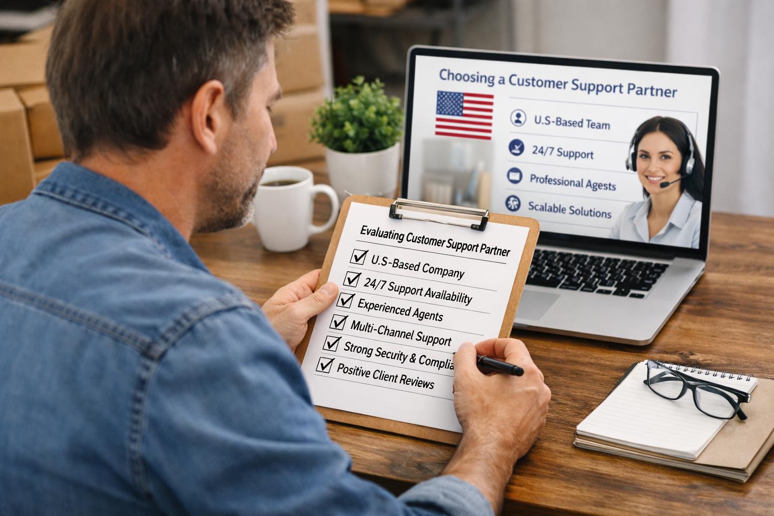 Business owner reviewing us-based customer support partner options on laptop with evaluation scorecard