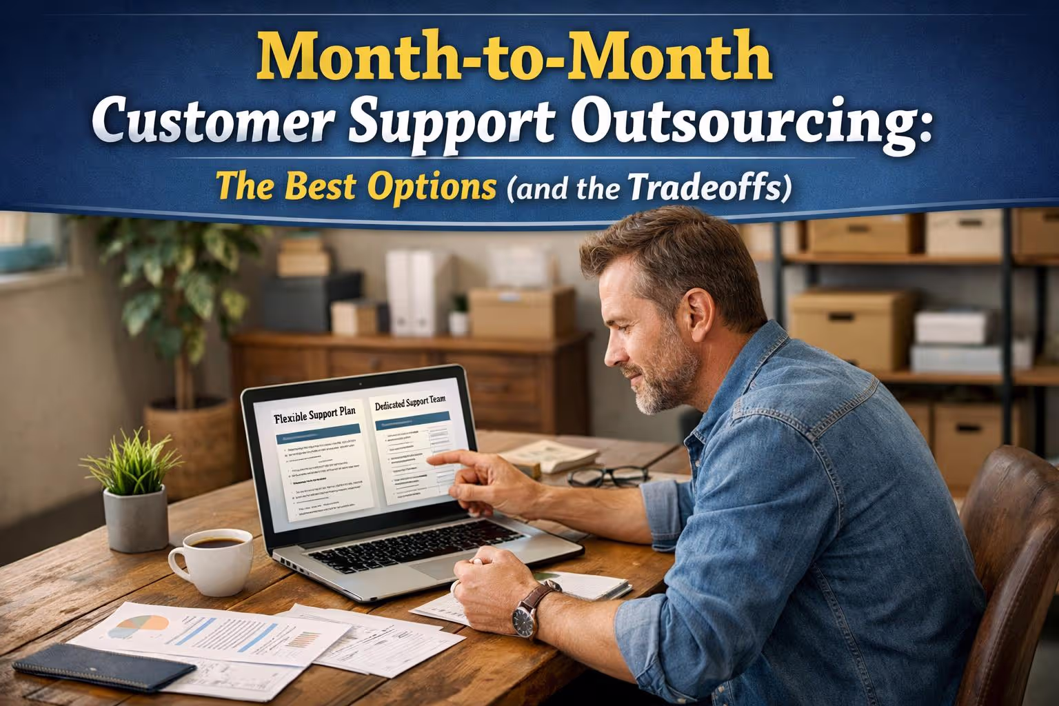 Small business owner reviewing month-to-month customer support outsourcing contract options on lapto