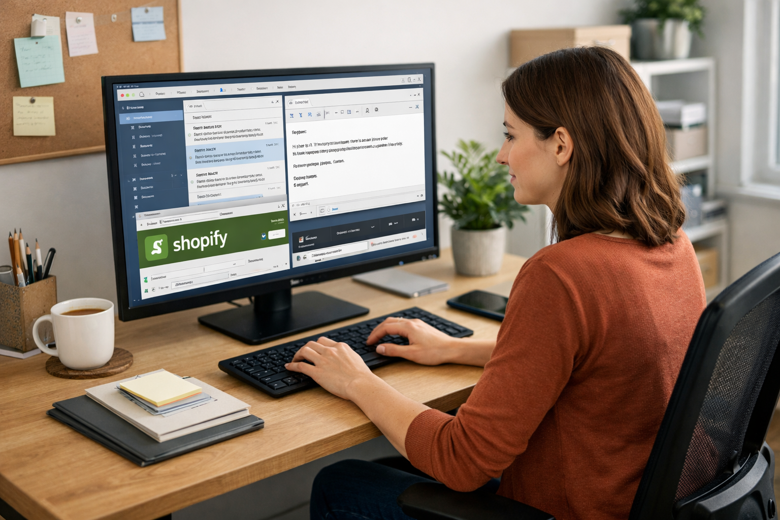 Support agent managing outsourced email support for Shopify store customers on computer

