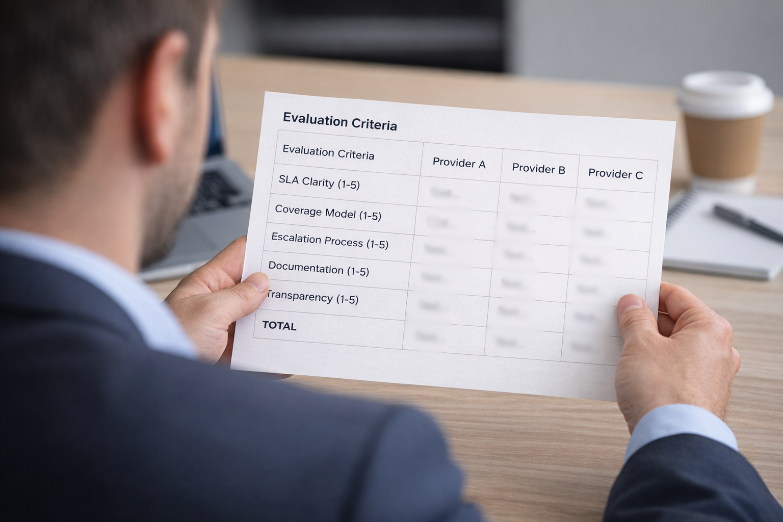 US-Based Customer Support Partner Evaluation Scorecard Business owner using scorecard to evaluate US-based customer support partner options