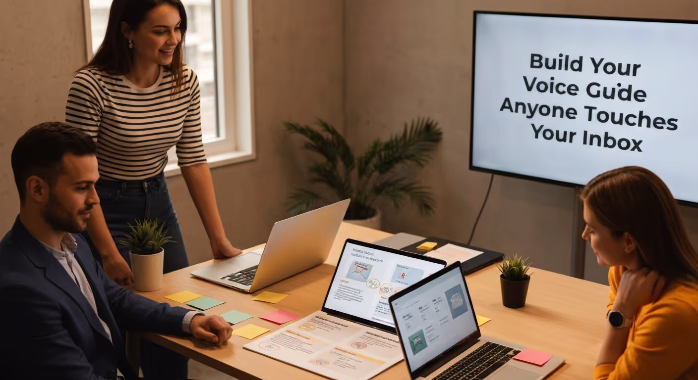 Marketing team and a customer care service provider reviewing a brand voice guide with email tone examples and guidelines, featuring the keyword Build Your Voice Guide Before Anyone Touches Your Inbox