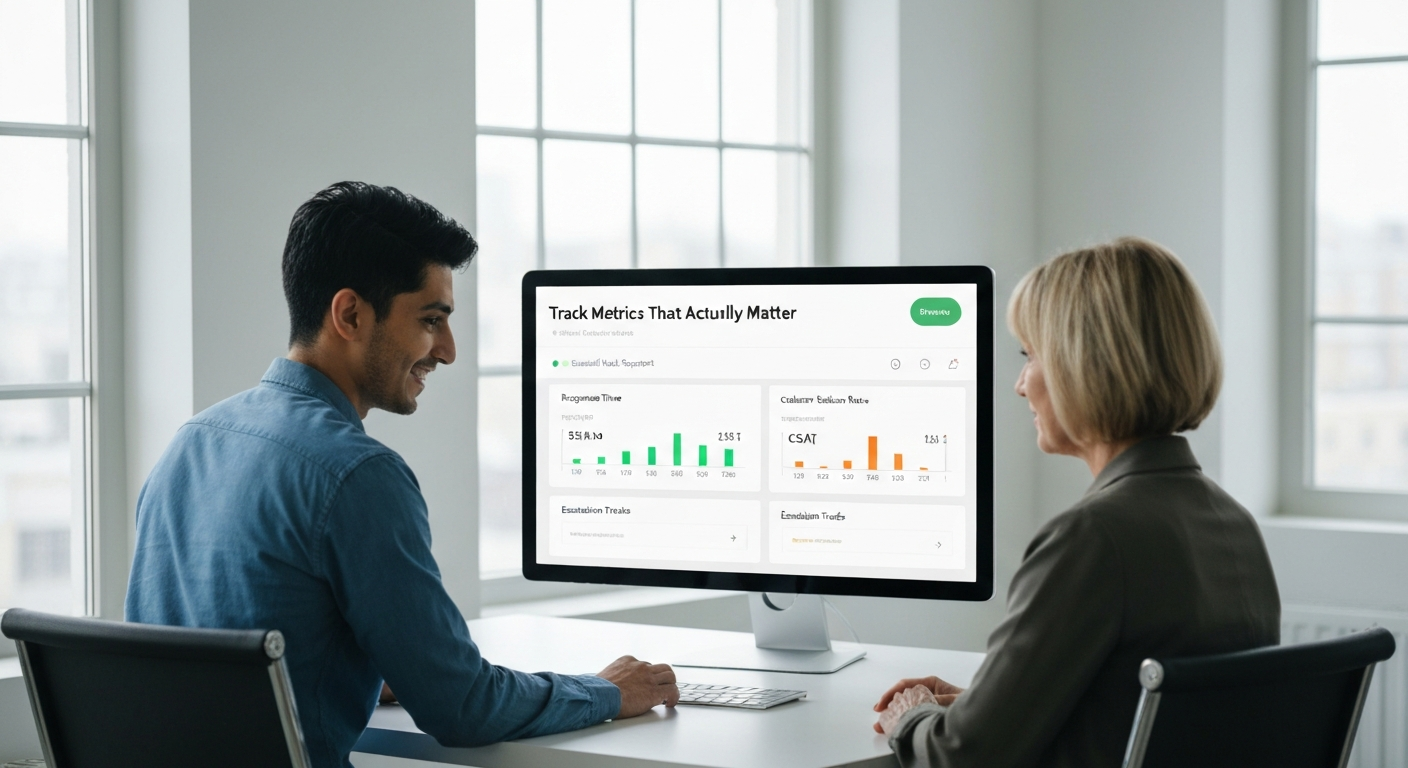 Customer care service provider and business owner reviewing a dashboard labeled “Track Metrics That Actually Matter,” showing key support metrics like response time, resolution rate, and customer sati