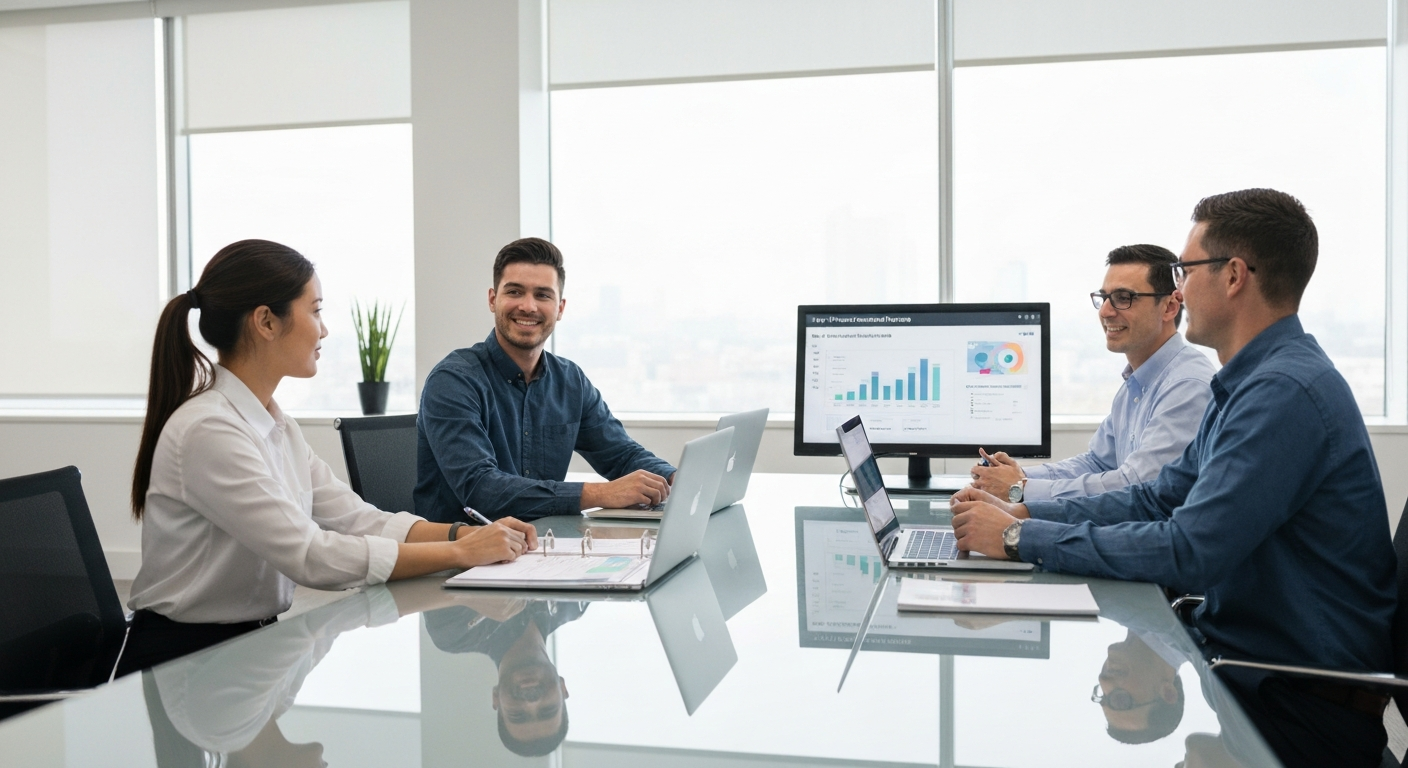 Business owner collaborating with a customer care service provider while reviewing workflow and communication plan on a digital screen.
