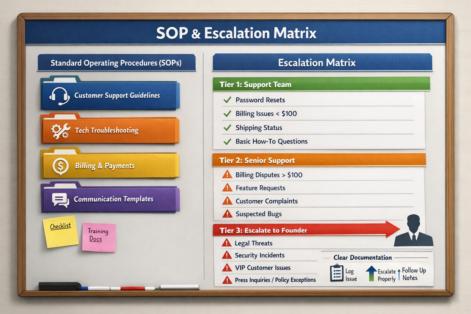 Customer Support Agency Documentation System with SOPs and Escalation Protocols Organized customer support agency documentation system showing SOPs and escalation matrix