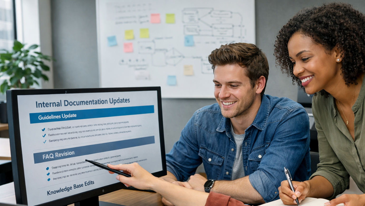 Support Team Collaborating on Internal Documentation Updates Customer support agency team members collaborating on internal documentation maintenance