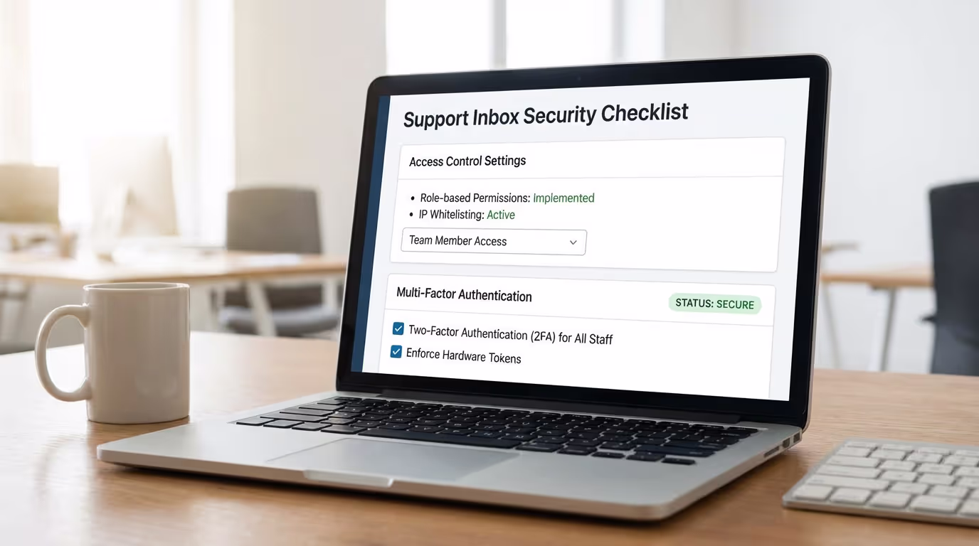 Support inbox security checklist showing access control settings and multi-factor authentication for customer service teams