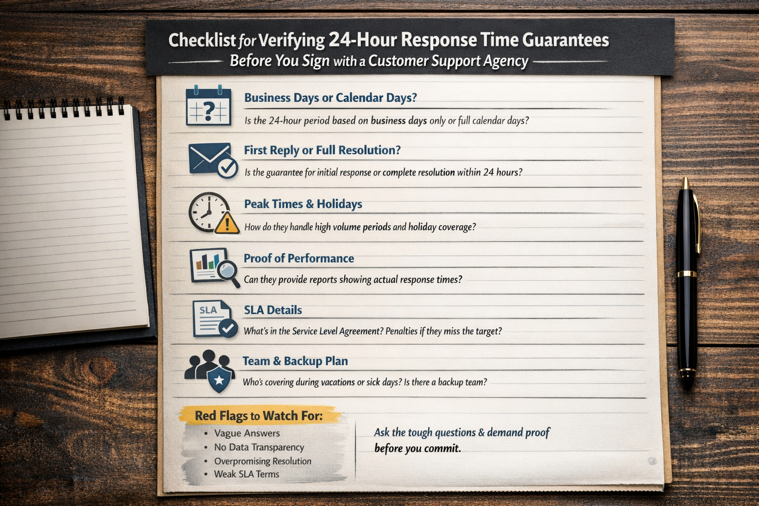 Checklist for verifying customer support agency 24-hour response time guarantees before signing