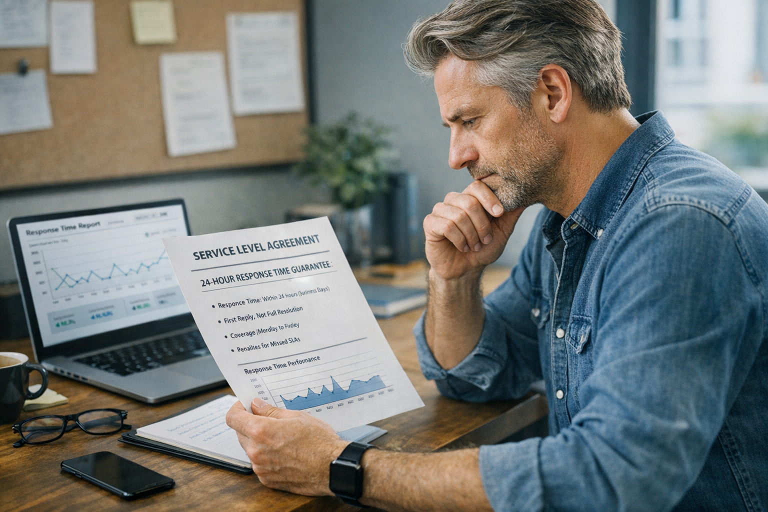 Business owner reviewing customer support agency SLA documentation for 24-hour response time guarantee