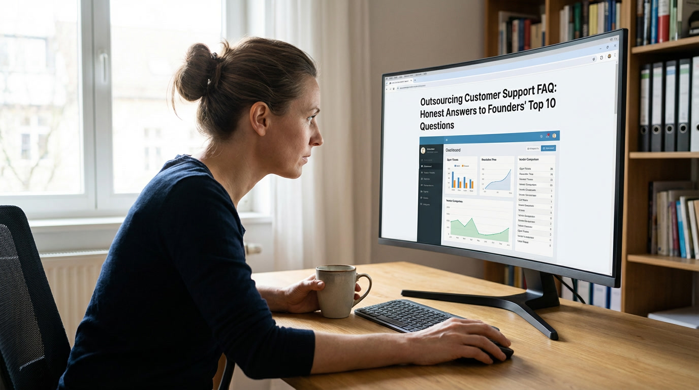 Founder reviewing outsourcing customer support options on laptop with support tickets dashboard