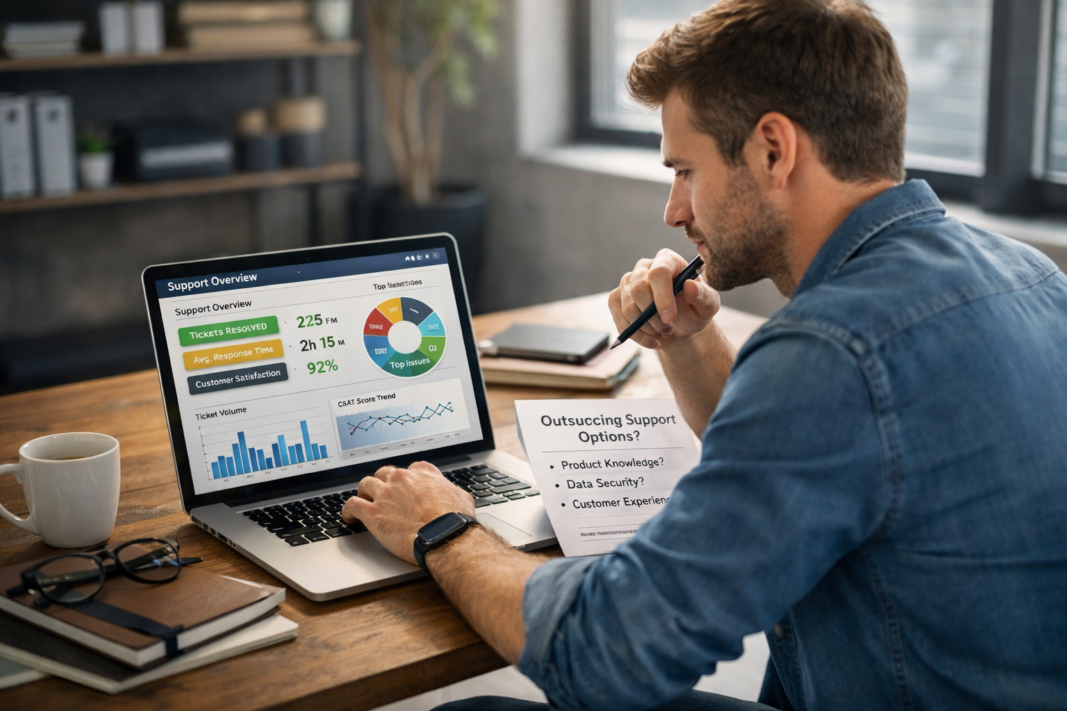 Startup Founder Evaluating Outsourcing Customer Support Partners Startup founder reviewing outsourcing customer support options on laptop with support metrics dashboard