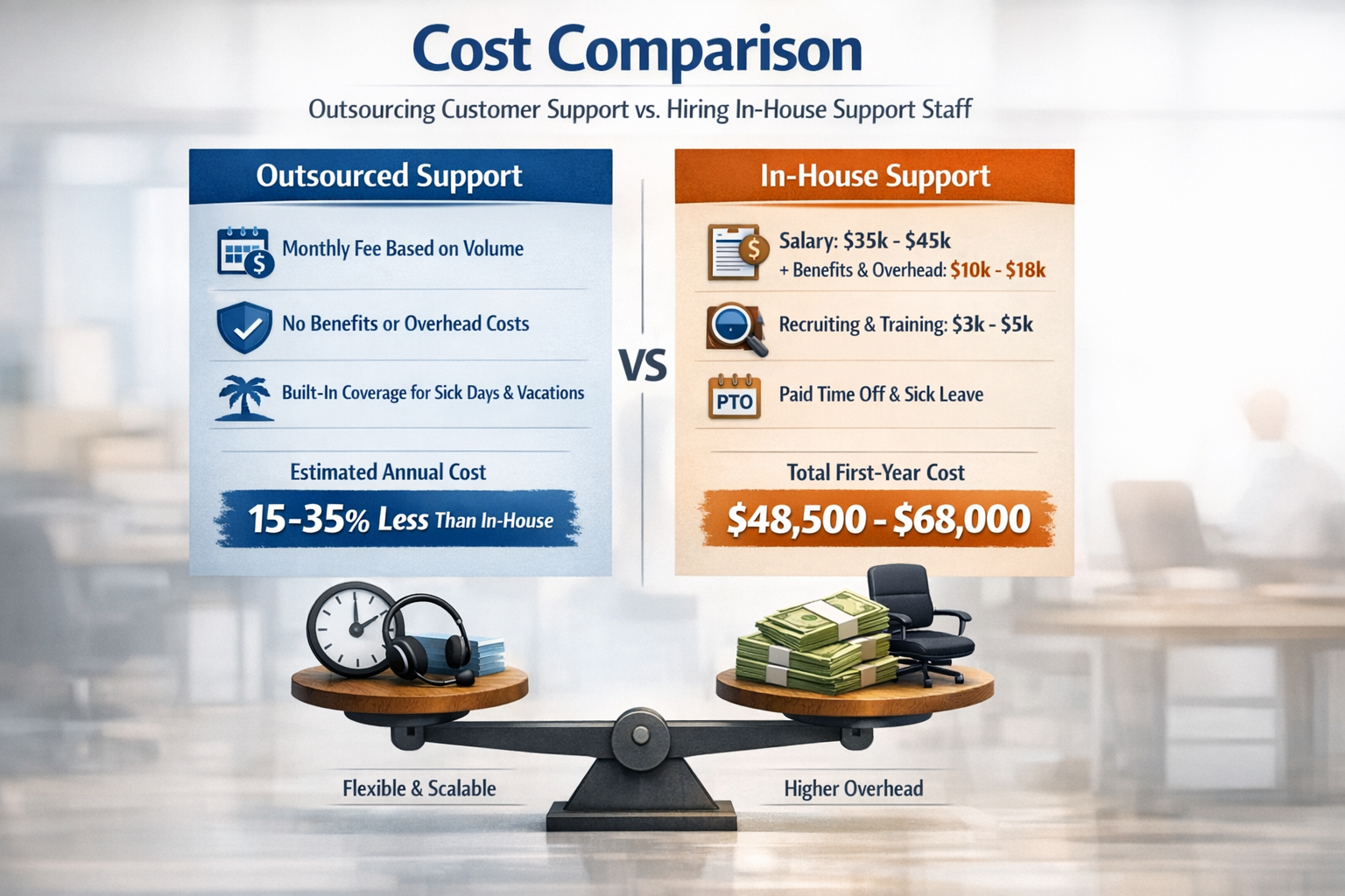 Outsourcing Customer Support Cost Comparison: In-House vs Outsourced Cost comparison chart showing outsourcing customer support vs hiring in-house support staff