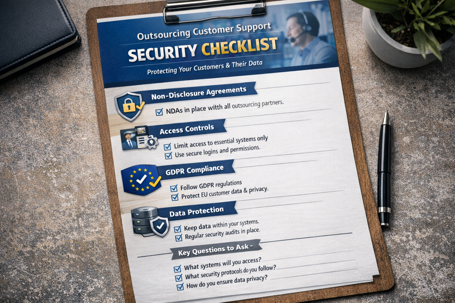 Outsourcing Customer Support Data Security and Privacy Checklist Security checklist for outsourcing customer support including NDAs, access controls, and GDPR compliance
