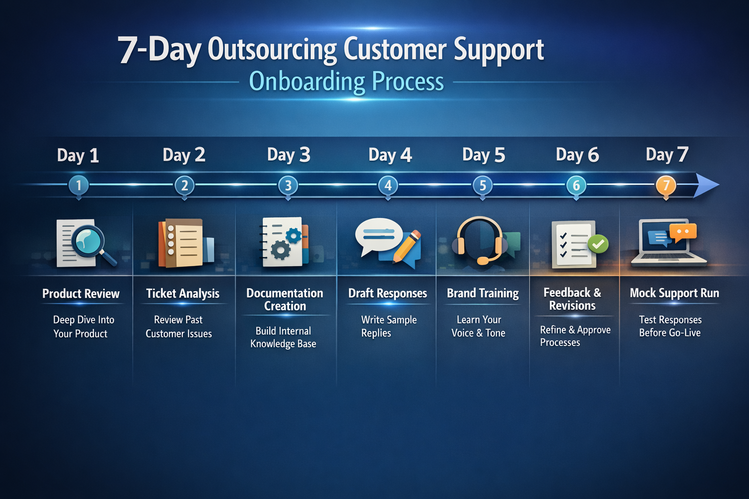 Seven-Day Outsourcing Customer Support Onboarding Process Timeline Timeline showing the seven-day outsourcing customer support onboarding process and key steps
