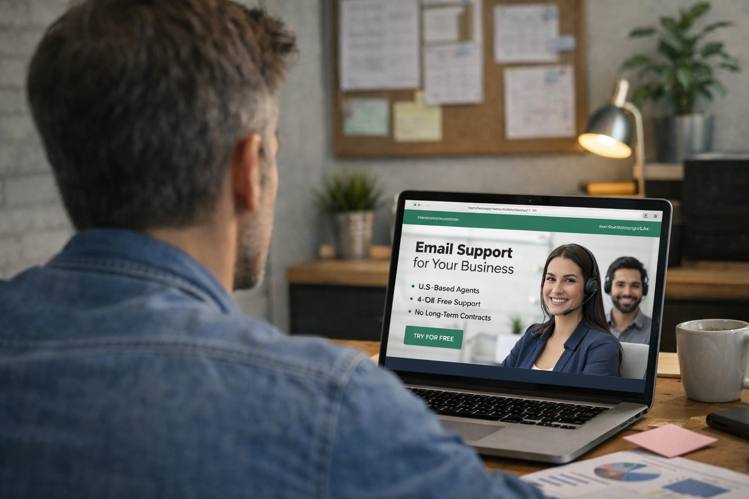 Small Business Founder Evaluating Outsourced Email Support Options SaaS founder reviewing outsourced email support providers on laptop for growing business