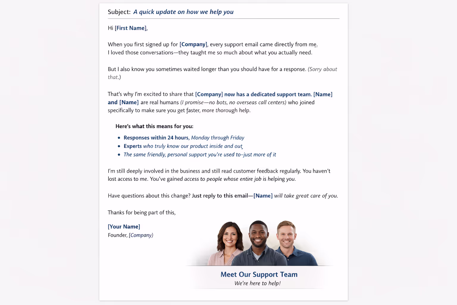 Dedicated Support Team Email Announcement Template Example Sample email template showing how to announce a dedicated support team to customers