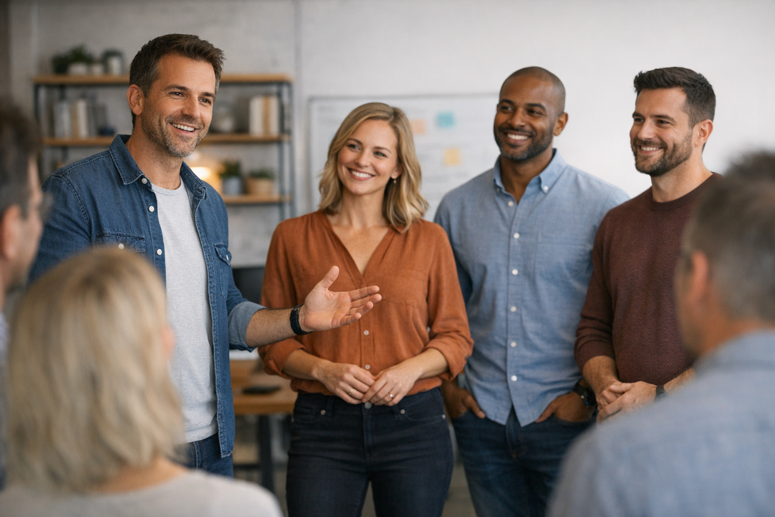 Business owner introducing dedicated support team to customers while maintaining personal connection