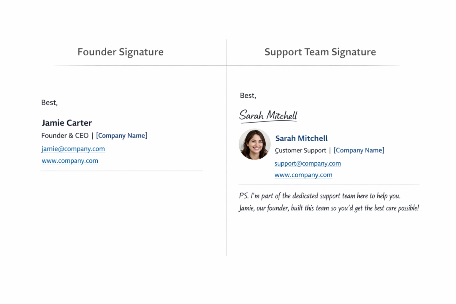 Email Signature Updates for Dedicated Support Teams Comparison of founder email signature versus dedicated support team member signature