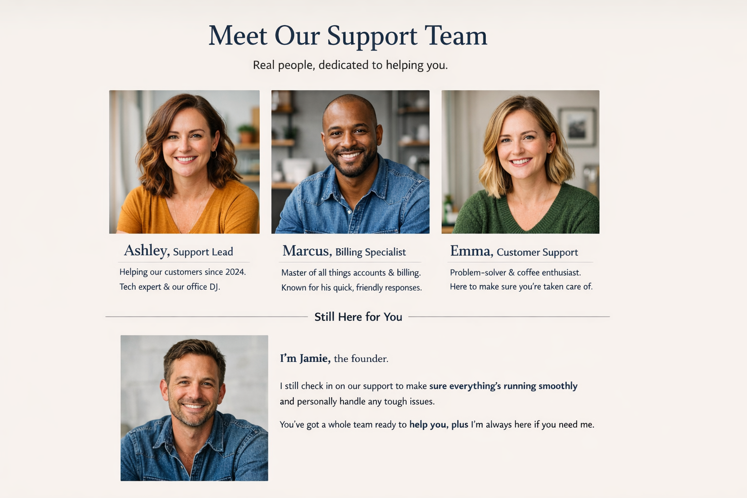 Website Support Team Introduction Page Layout Website page introducing dedicated support team members with photos and personal bios