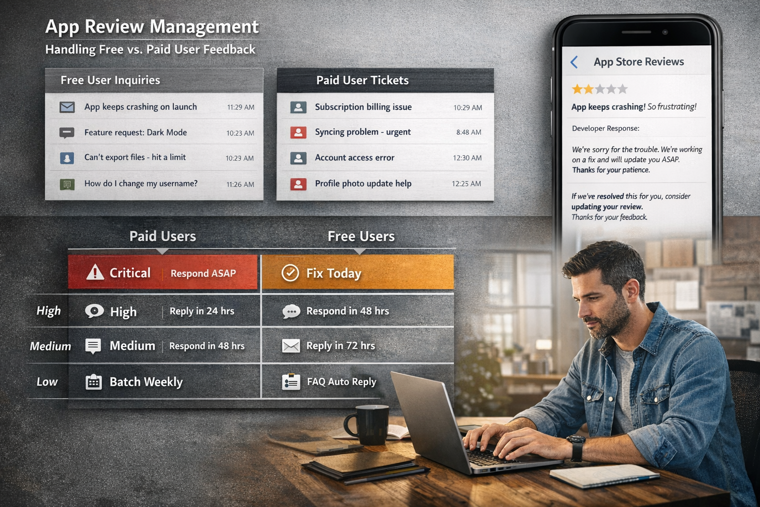 App Store Review Response Strategy for Freemium Mobile Apps App store review management showing handling free vs paid users feedback
