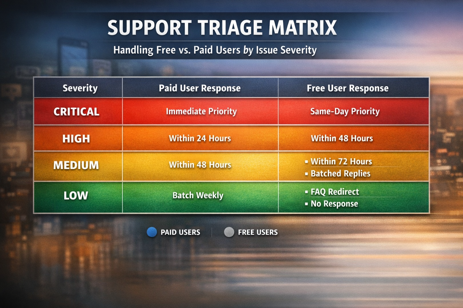 Support Prioritization Matrix for Free vs Paid Users in Freemium Apps Support triage matrix showing handling free vs paid users by issue severity