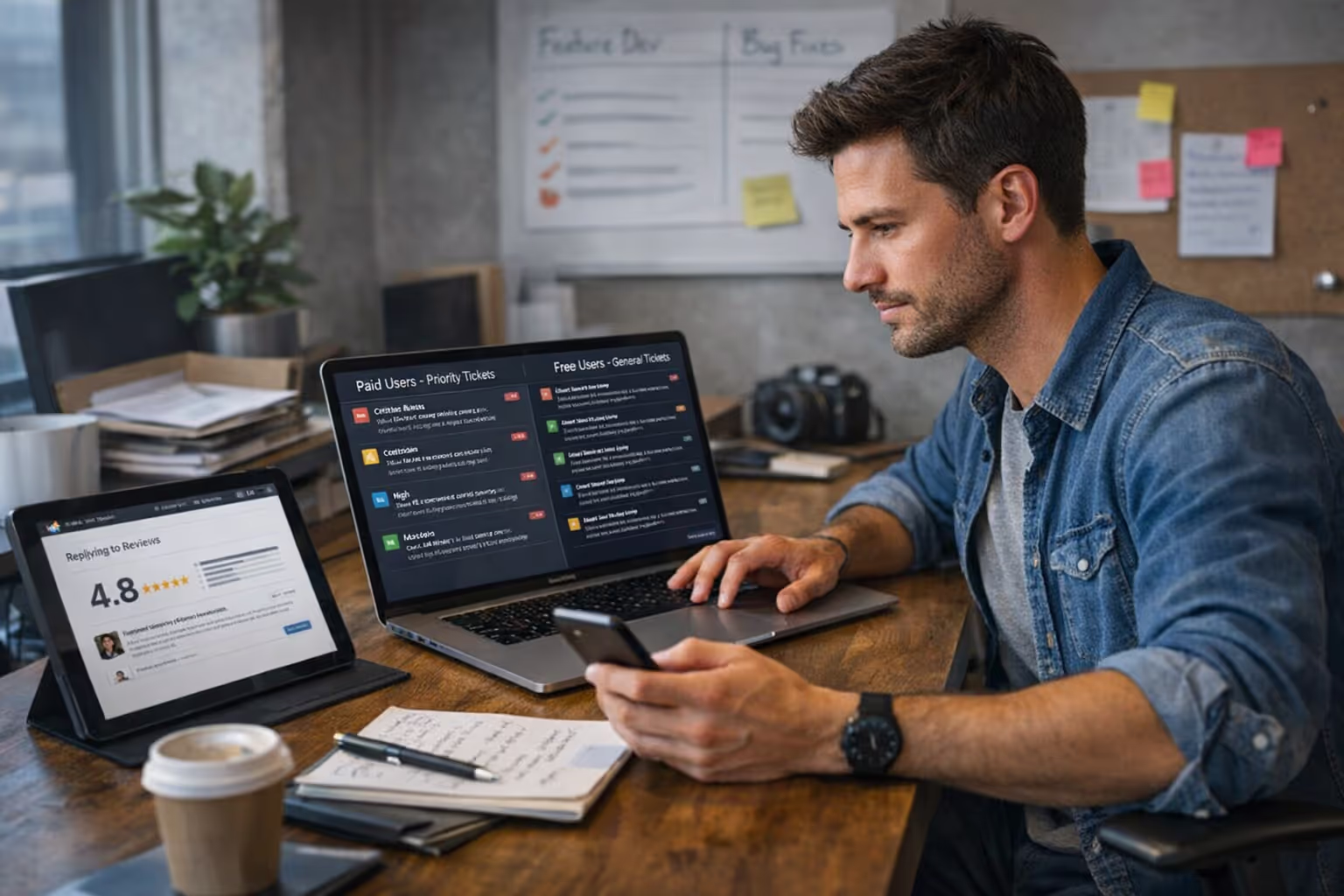 Mobile app founder managing support inbox handling free vs paid users support efficiently