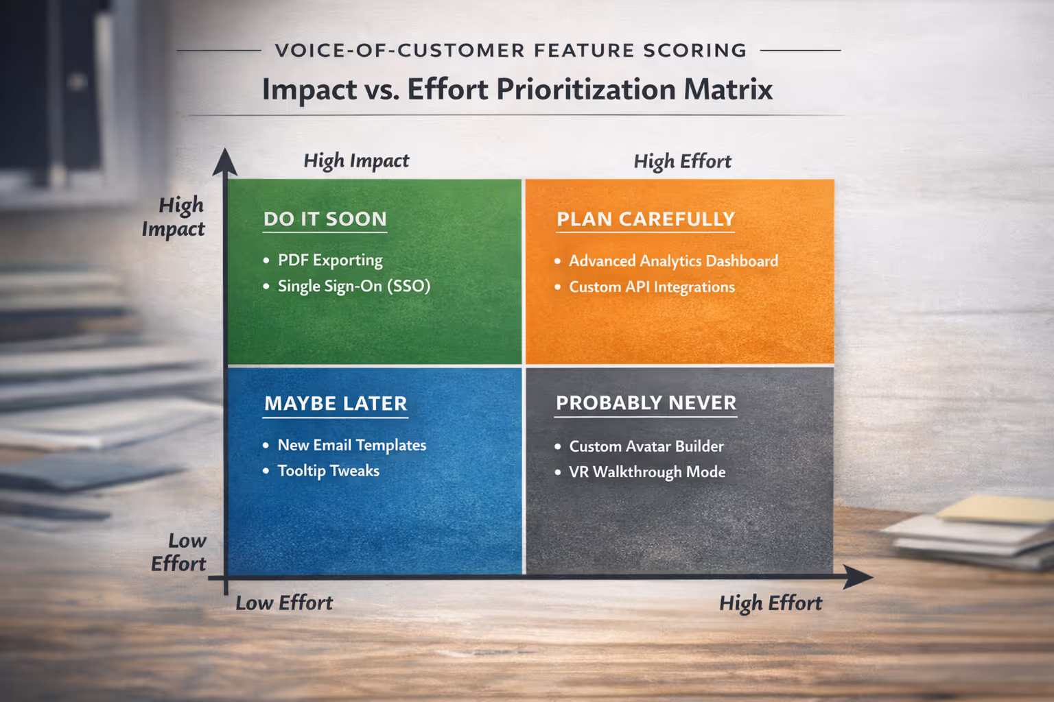 Impact Versus Effort Scoring Matrix for Product Prioritization Voice-of-customer system impact-effort scoring matrix showing high and low priority product features