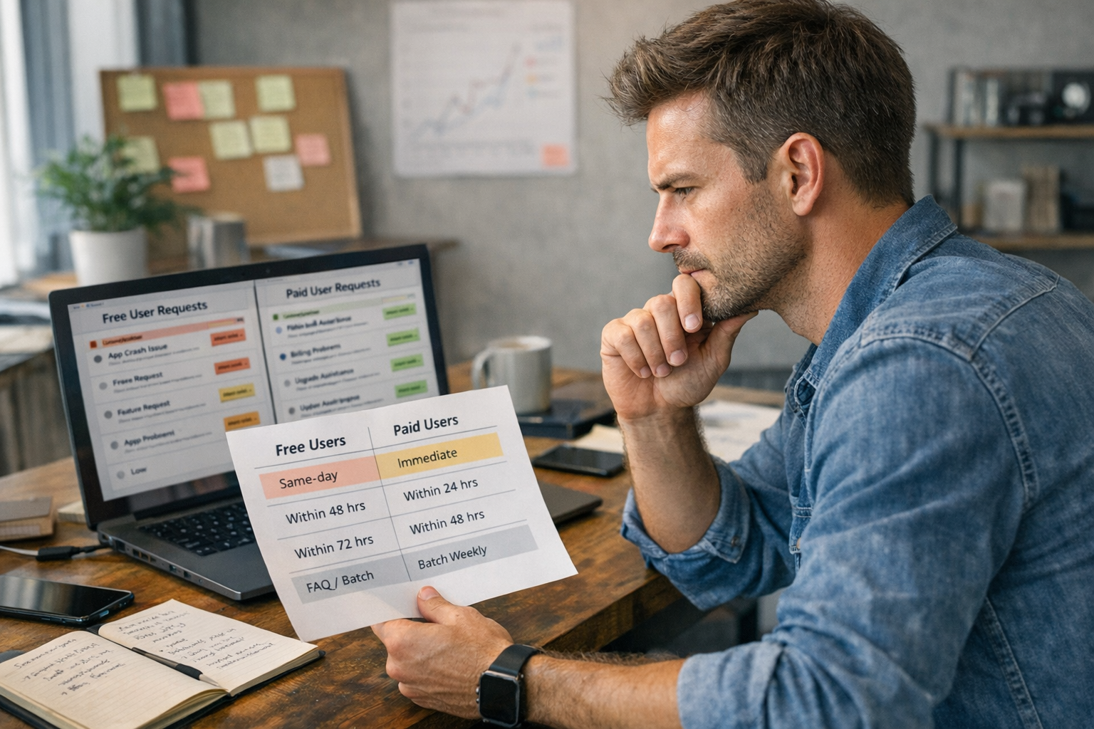 Mobile App Founder Managing Support Inbox for Free and Paid Users Mobile app founder reviewing support inbox handling free vs paid user requests