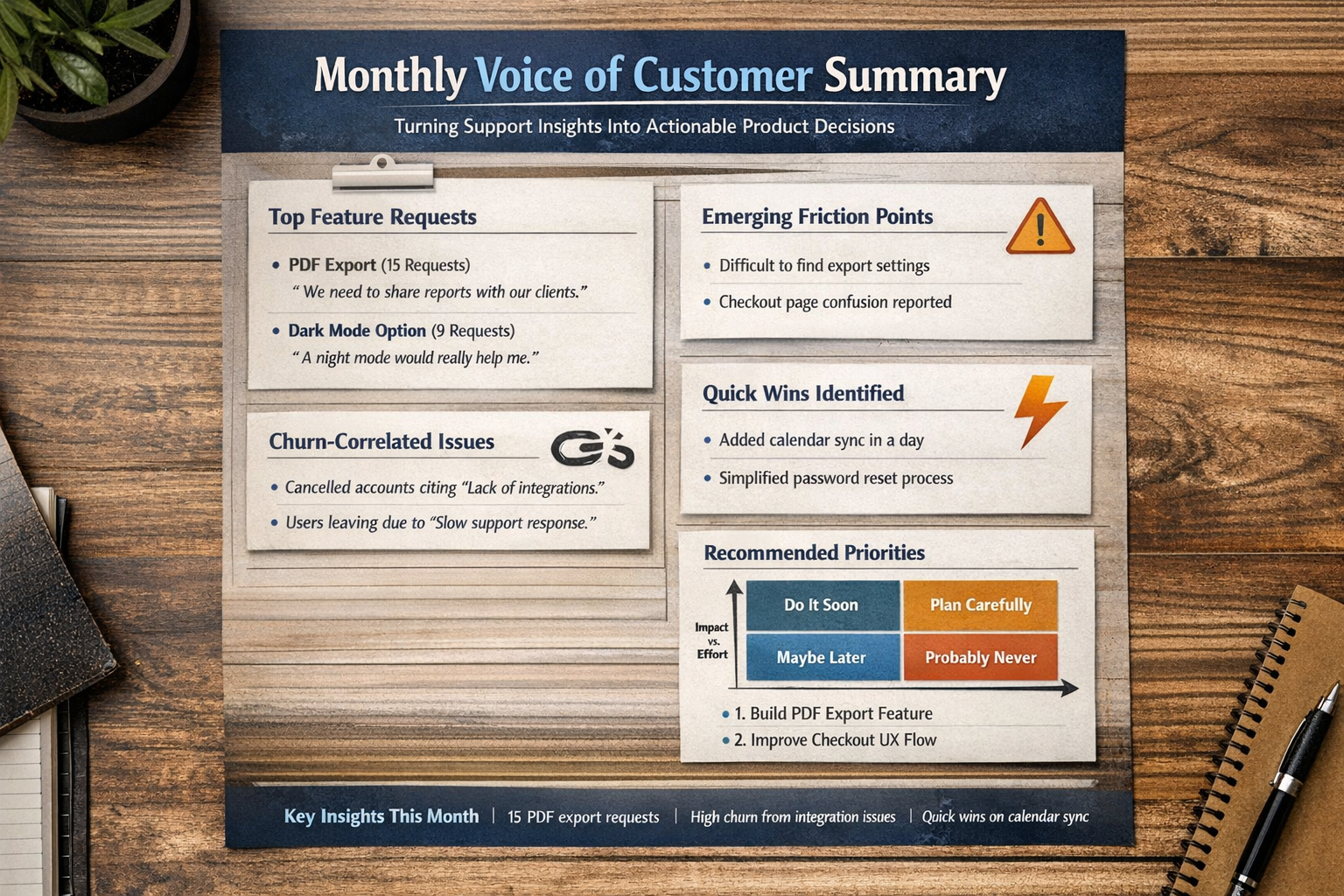 Monthly Voice-of-Customer Summary Template Template showing voice-of-customer system monthly summary with feature requests and churn signals