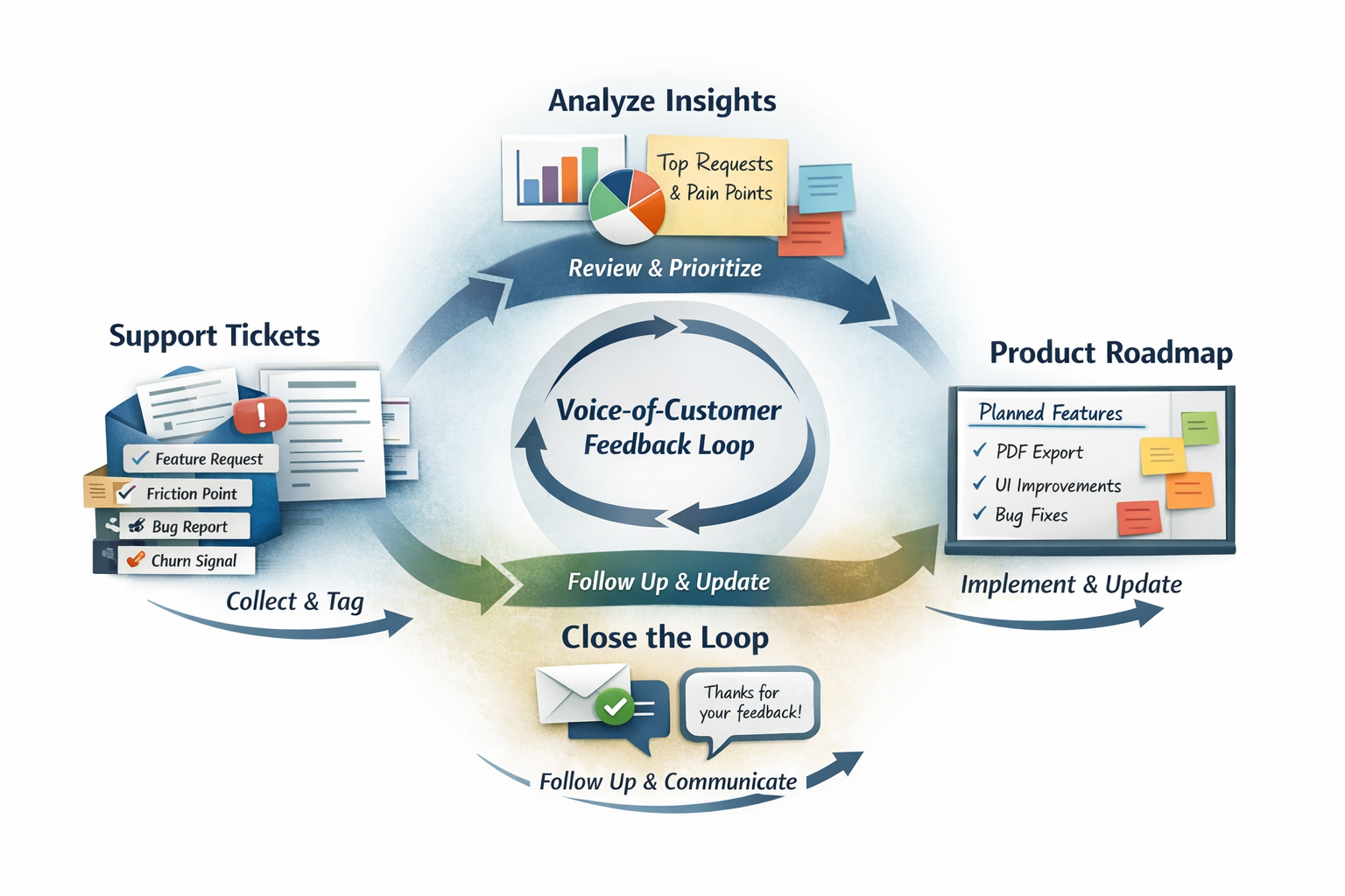 Support Ticket to Product Roadmap Feedback Loop Visual diagram of voice-of-customer system feedback loop from support tickets to product roadmap