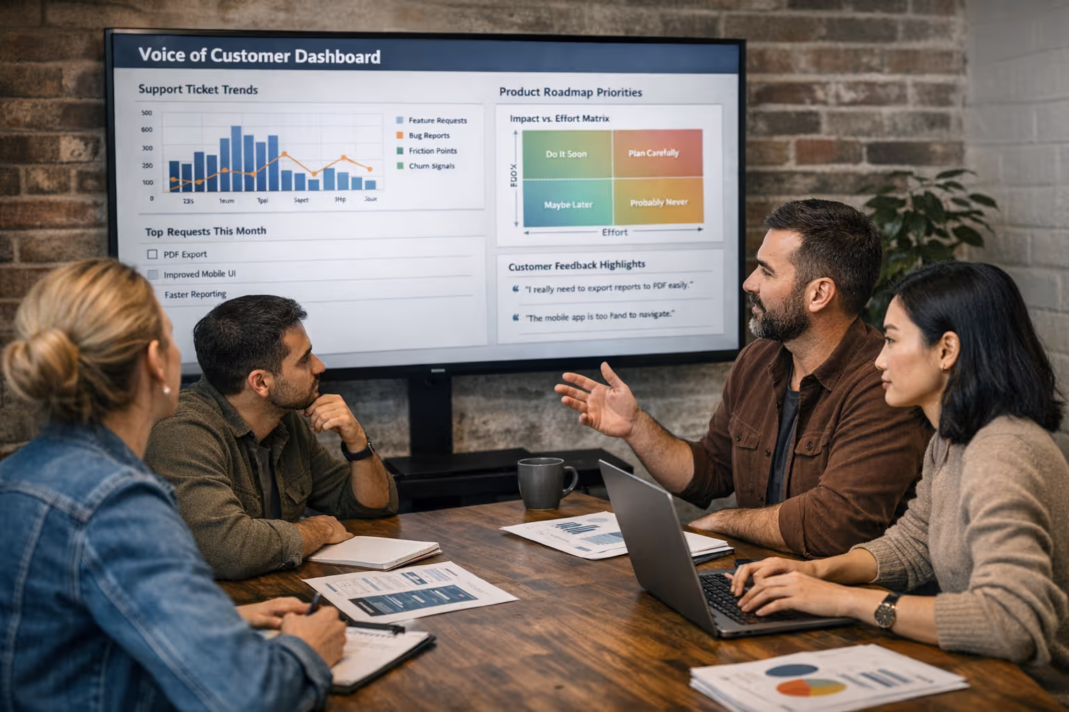 Team reviewing voice-of-customer system dashboard showing support ticket patterns and product roadmap priorities