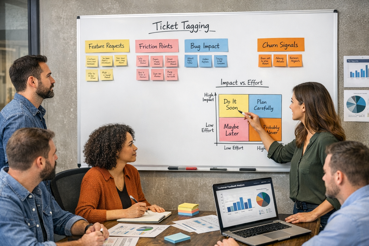 Voice-of-Customer Ticket Tagging Framework for Support Teams Support team implementing voice-of-customer system ticket tagging categories including feature requests and friction points